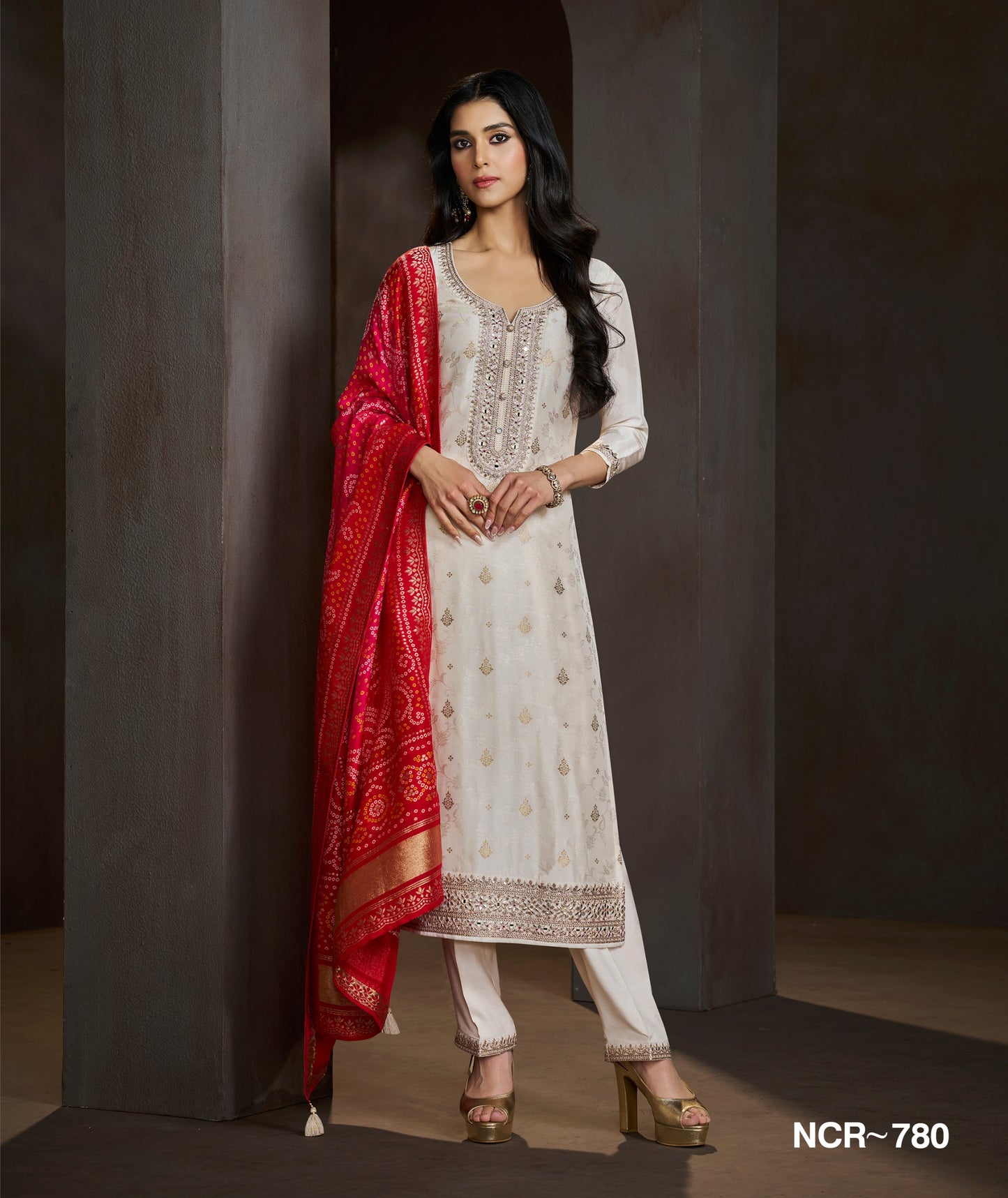 Off White Embroidered Salwar Suit with Red Bandhani Dupatta – Festive & Wedding Wear Ethnic Suit for Women