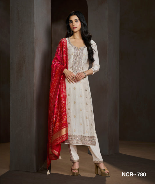 Off White Embroidered Salwar Suit with Red Bandhani Dupatta – Festive & Wedding Wear Ethnic Suit for Women