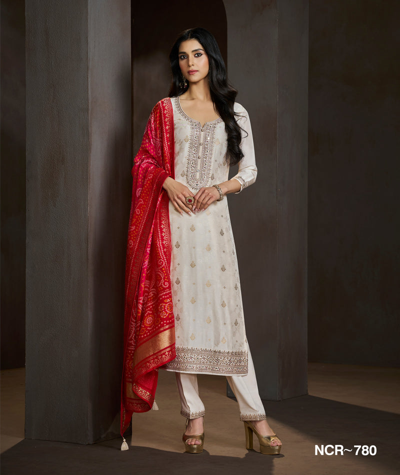Off White Embroidered Salwar Suit with Red Bandhani Dupatta – Festive & Wedding Wear Ethnic Suit for Women