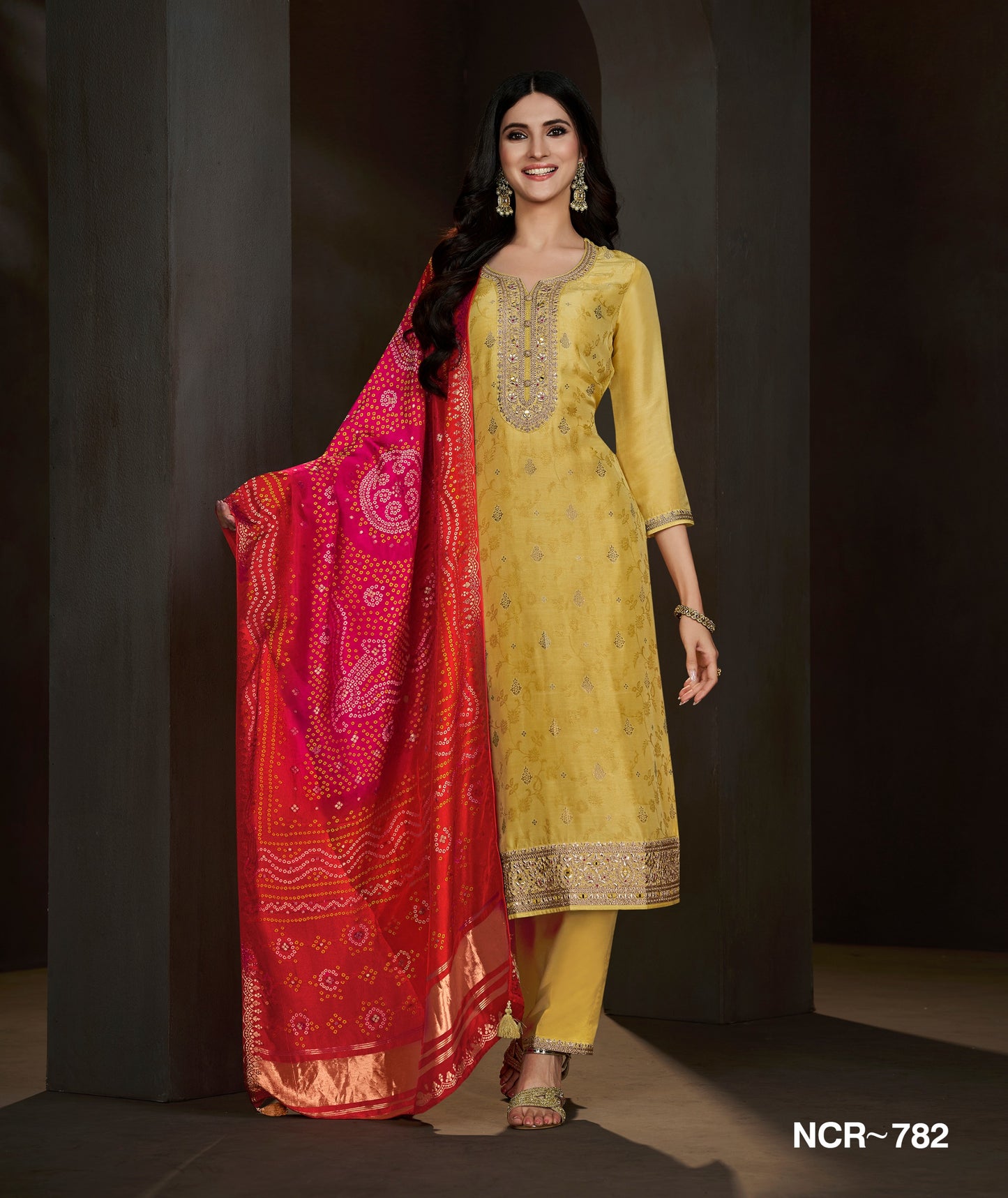 Mustard Yellow Embroidered Salwar Suit with Red Bandhani Dupatta – Festive & Wedding Wear Ethnic Suit for Women