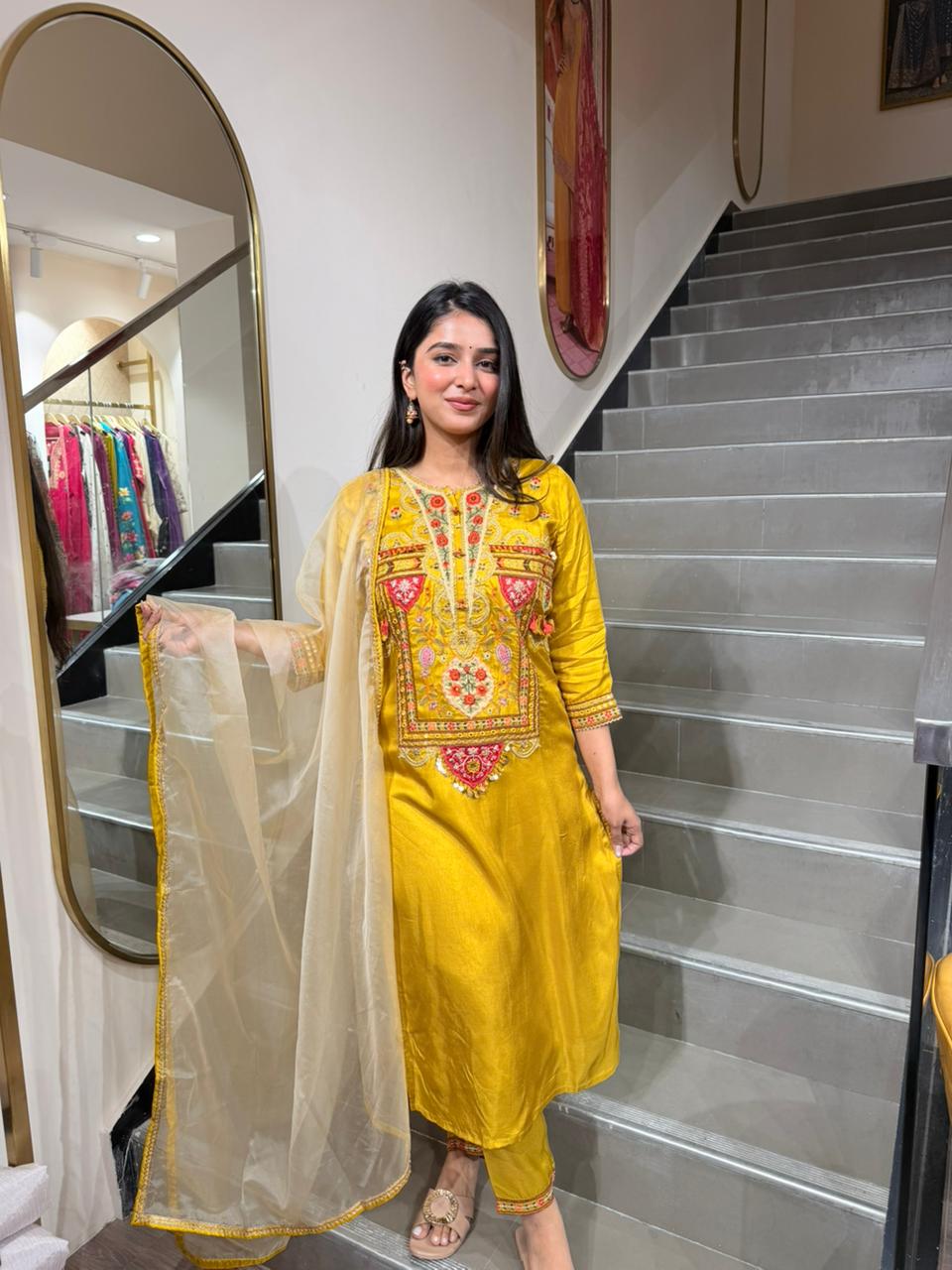 Mustard Yellow Embroidered Kurta Set with Organza Dupatta for Women
