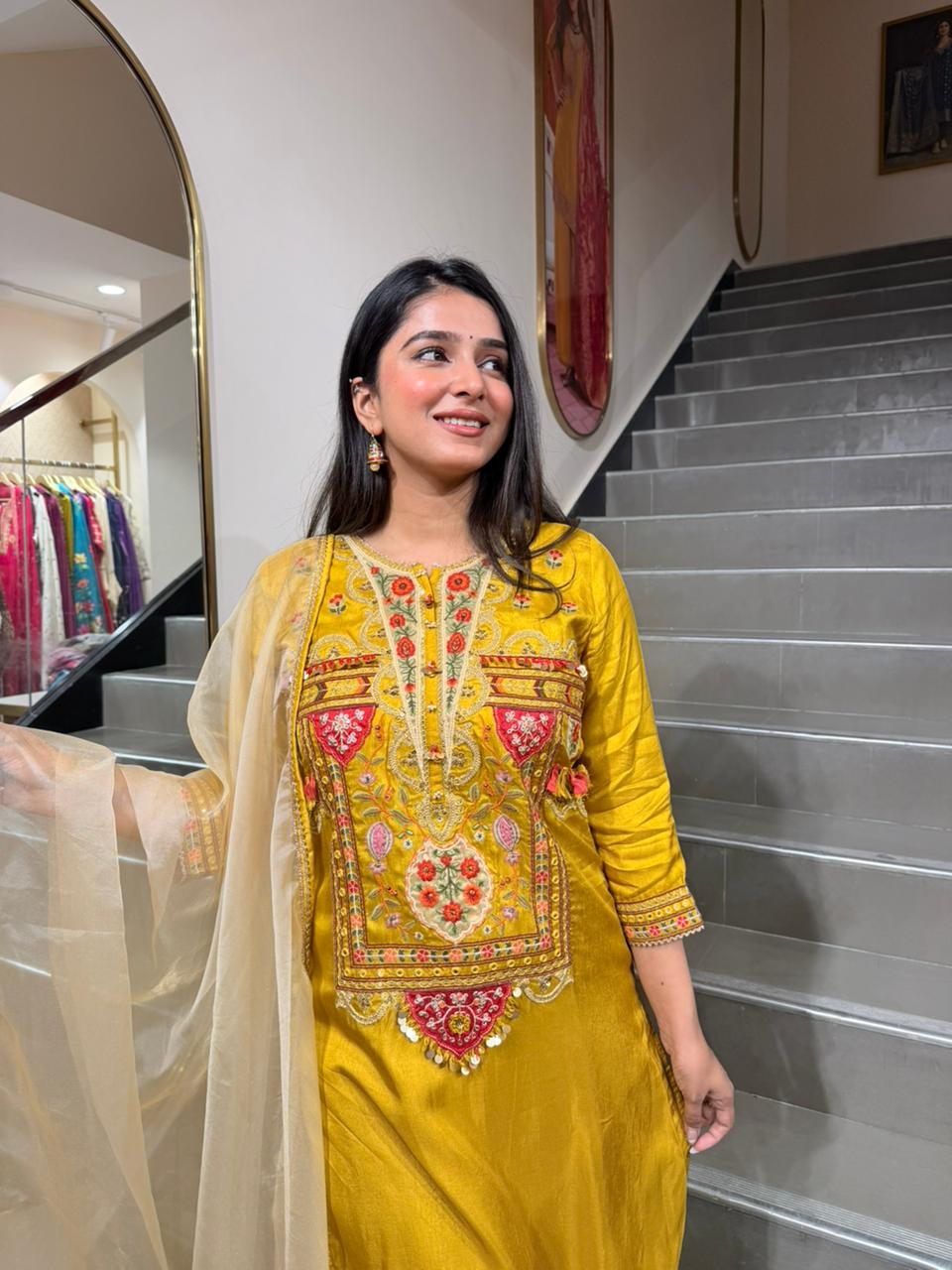 Mustard Yellow Embroidered Kurta Set with Organza Dupatta for Women