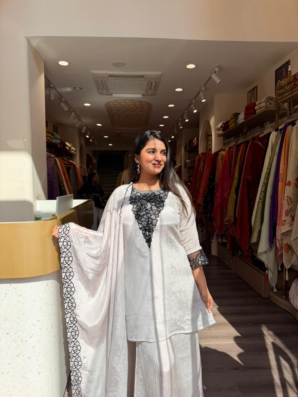 White & Black Embroidered Kurta Co-ord Set with Dupatta for Women