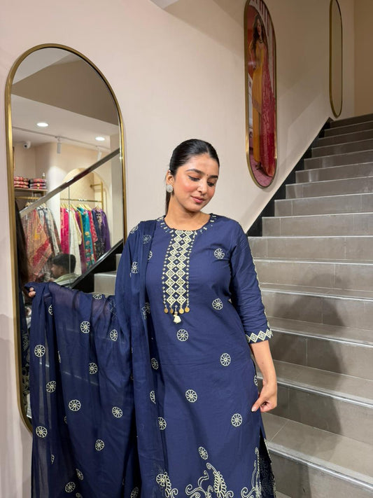Navy Blue Embroidered Straight Kurta Pant Set with Dupatta for Women
