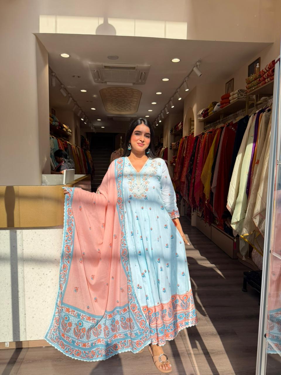 Sky Blue Floral Anarkali Kurta Set with Peach Dupatta for Women