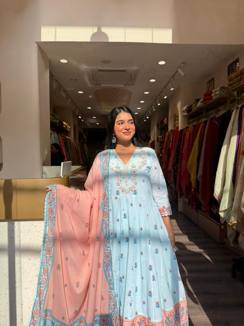 Sky Blue Floral Anarkali Kurta Set with Peach Dupatta for Women