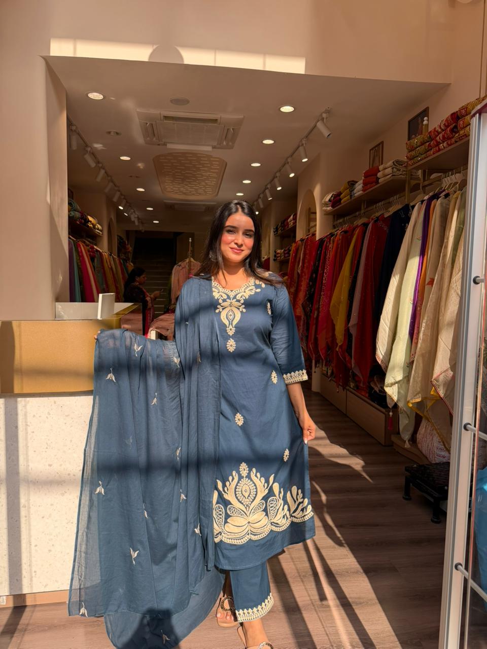 Teal Blue Embroidered Straight Kurta Pant Set with Dupatta for Women