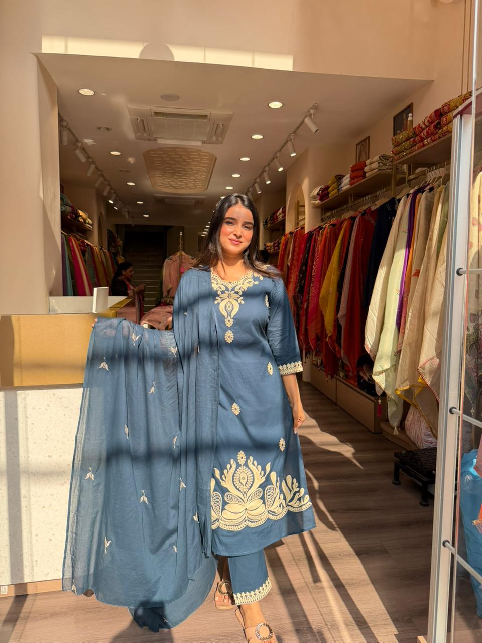 Teal Blue Embroidered Straight Kurta Pant Set with Dupatta for Women