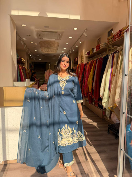 Teal Blue Embroidered Straight Kurta Pant Set with Dupatta for Women
