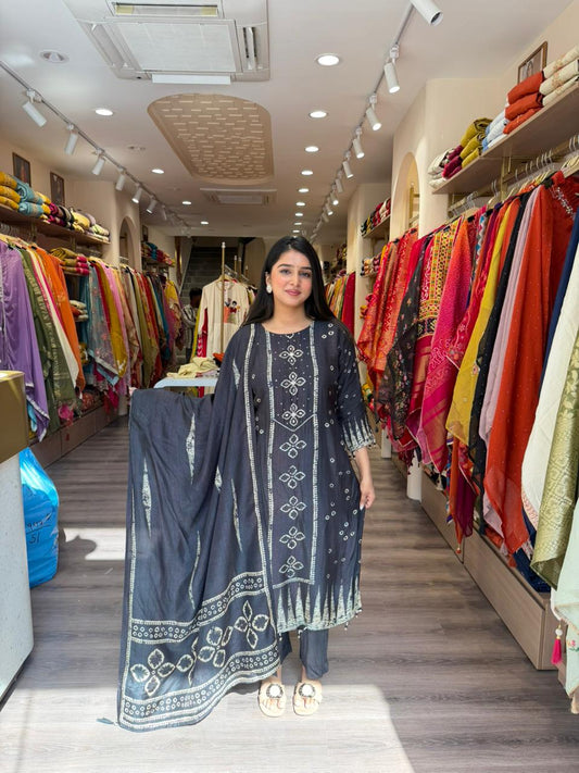 Charcoal Black Handblock Printed Straight Kurta Pant Set with Dupatta for Women