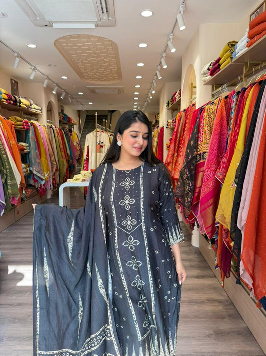Charcoal Black Handblock Printed Straight Kurta Pant Set with Dupatta for Women