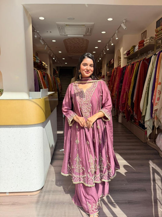 Mauve Pink Heavy Embroidered Anarkali Kurta Set with Dupatta for Women