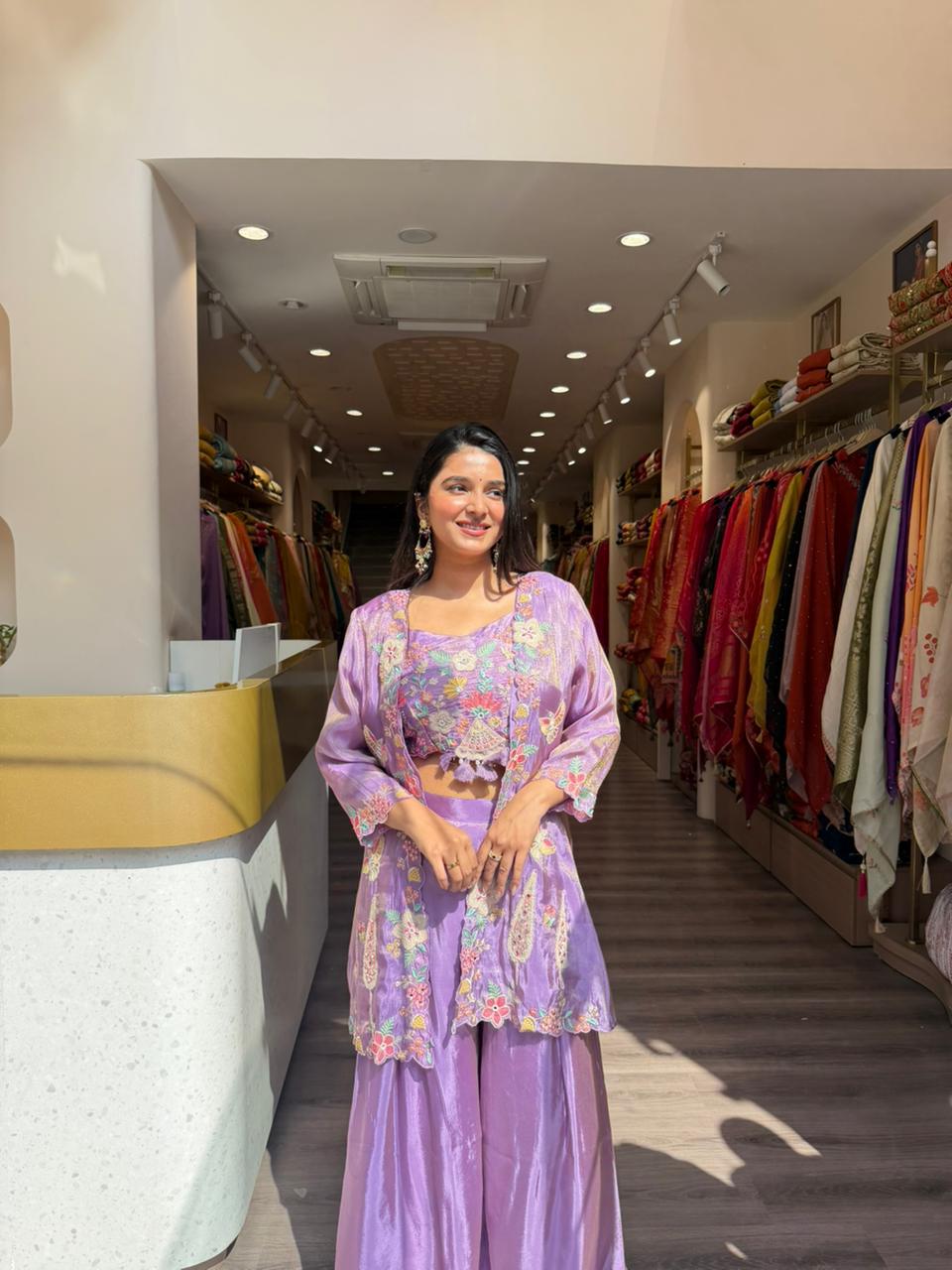 Lavender Embroidered Co-ord Set with Jacket & Skirt for Women (Indo-Western)