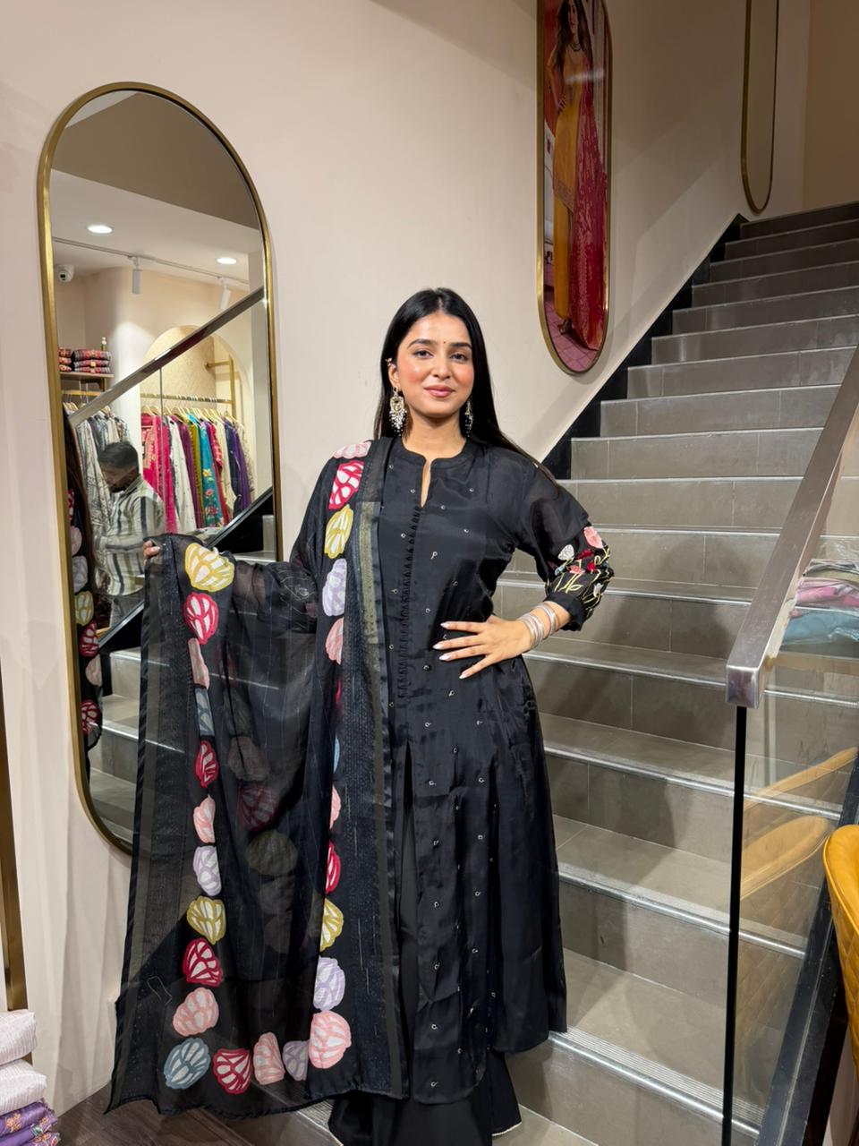 Black Printed A-Line Kurta Set with Statement Dupatta for Women