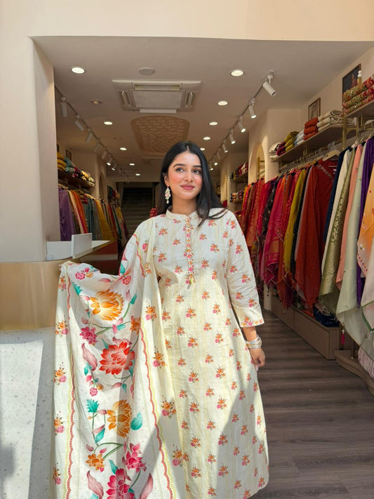 Off White Floral Printed Kurta Set with Dupatta for Women