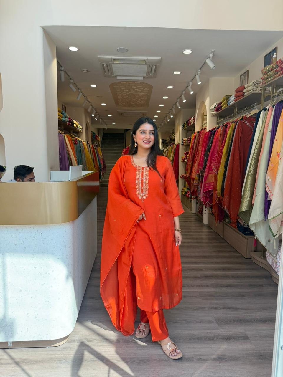 Orange Minimal Embroidered Straight Kurta Pant Set with Dupatta for Women