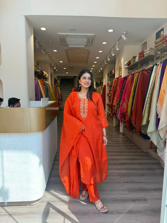 Orange Minimal Embroidered Straight Kurta Pant Set with Dupatta for Women