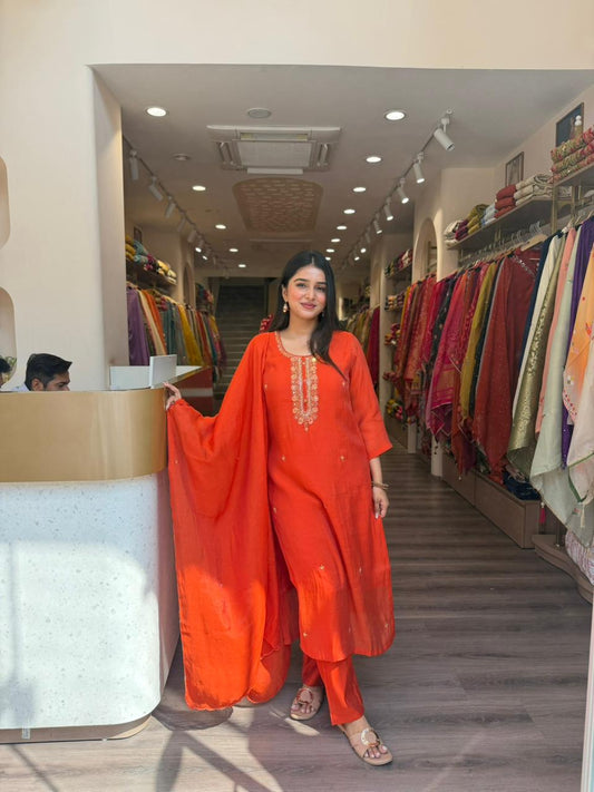 Orange Minimal Embroidered Straight Kurta Pant Set with Dupatta for Women