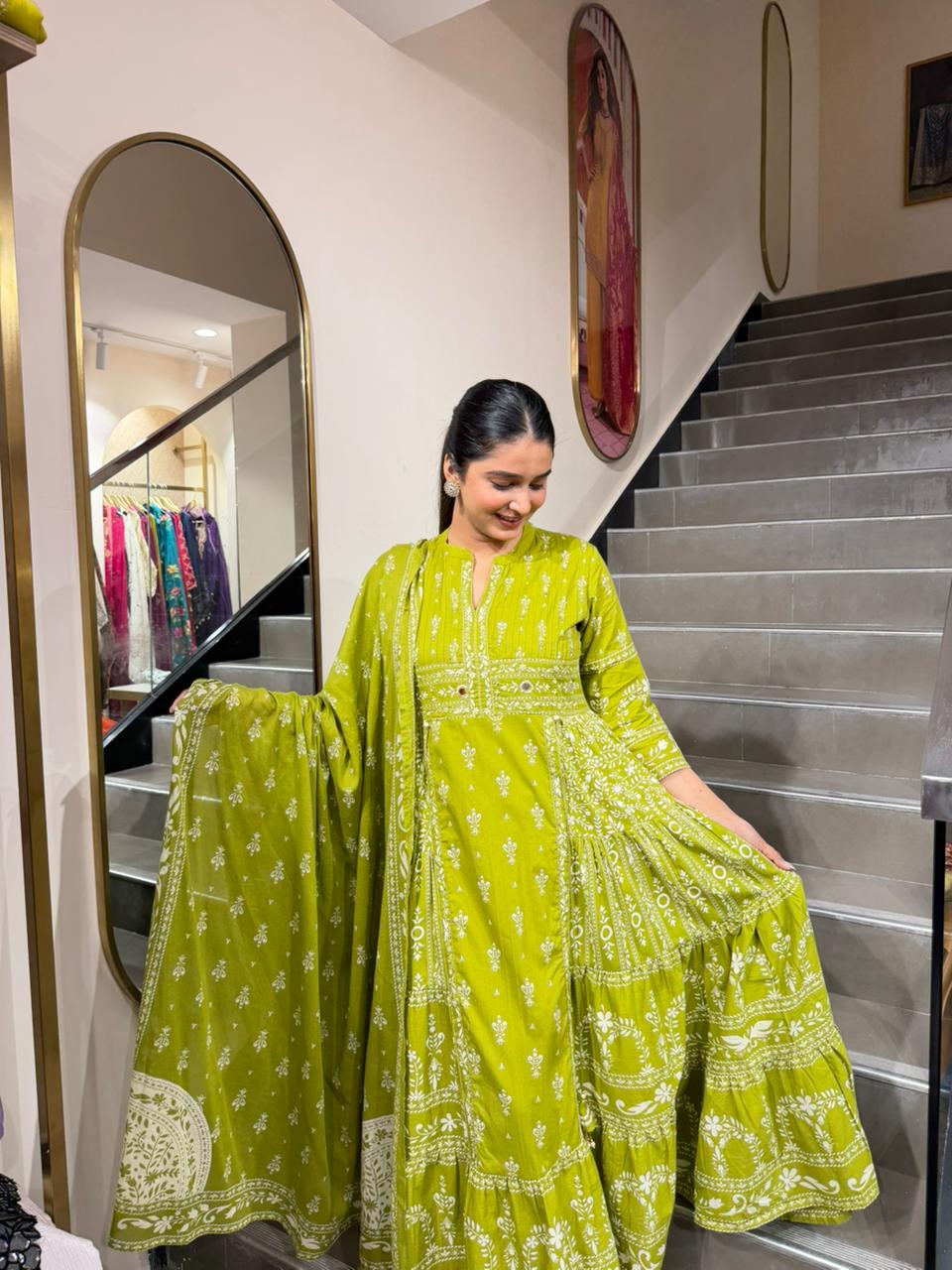 Olive Green Handblock Printed Tiered Anarkali Kurta Set with Dupatta for Women