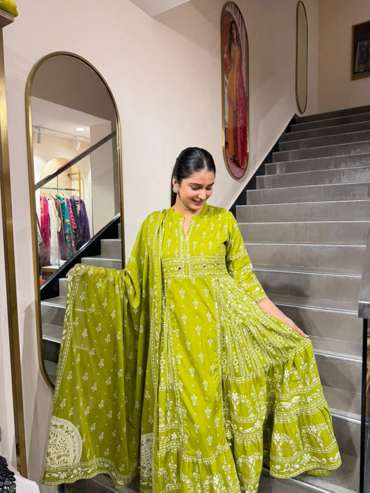 Olive Green Handblock Printed Tiered Anarkali Kurta Set with Dupatta for Women