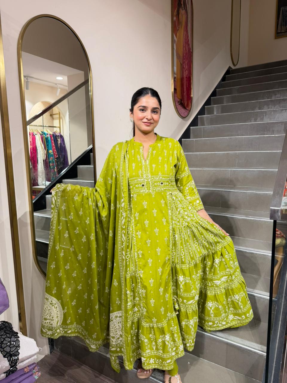 Olive Green Handblock Printed Tiered Anarkali Kurta Set with Dupatta for Women