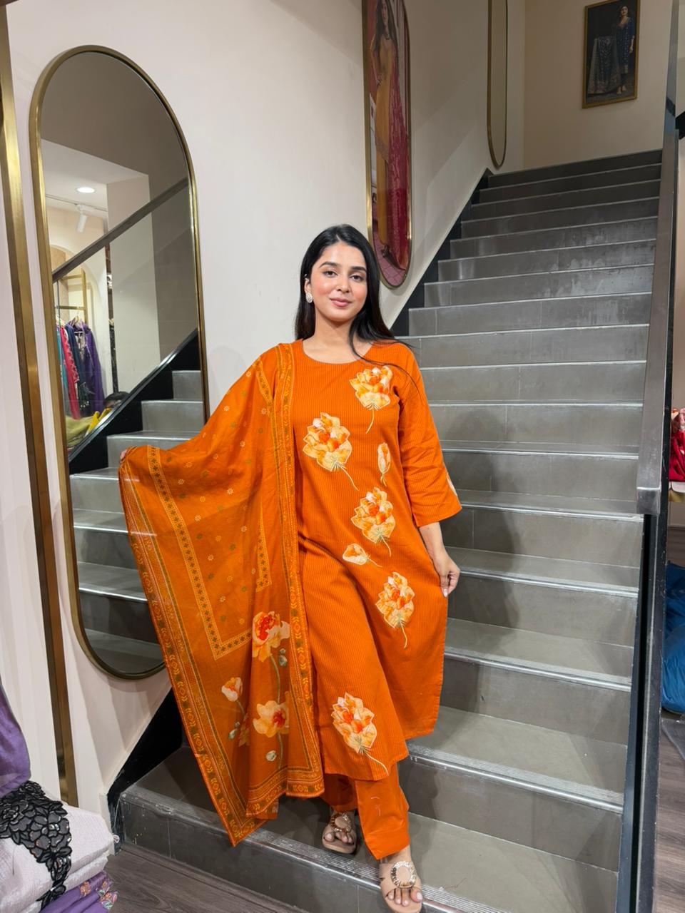 Rust Orange Floral Printed Straight Kurta Pant Set with Dupatta for Women
