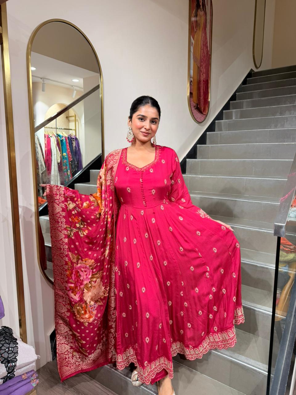 Rani Pink Floral Anarkali Kurta Set with Dupatta for Women