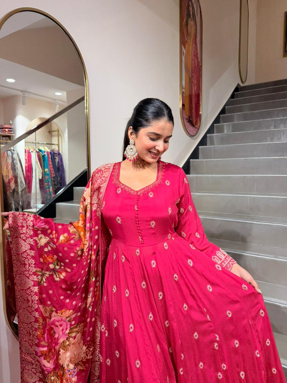 Rani Pink Floral Anarkali Kurta Set with Dupatta for Women