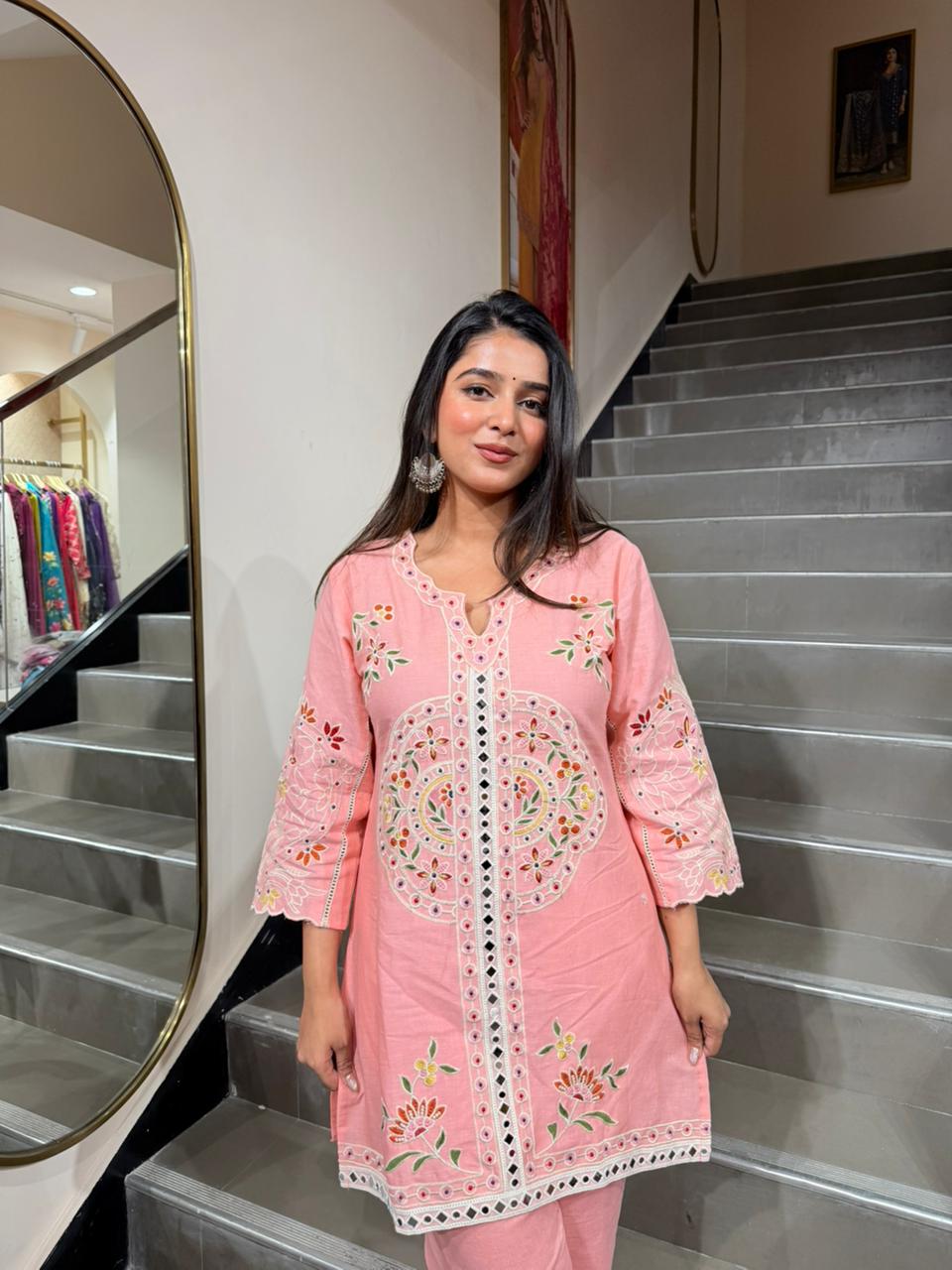 Peach Embroidered Short Kurta Co-Ord Set for Women
