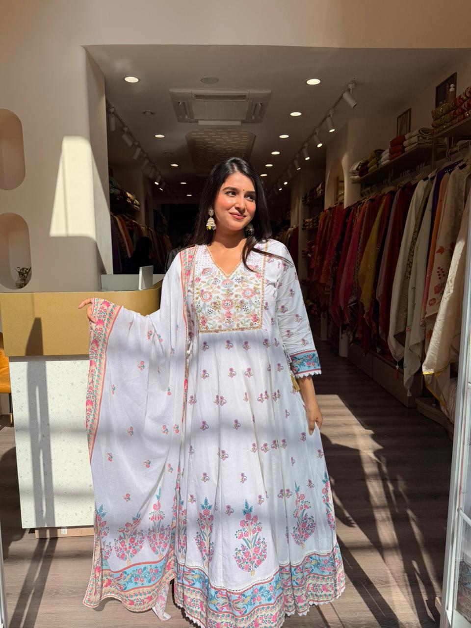 Elegant White Floral Anarkali Kurta Set with Dupatta for Women