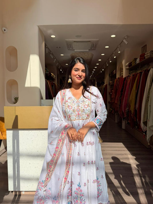 Elegant White Floral Anarkali Kurta Set with Dupatta for Women