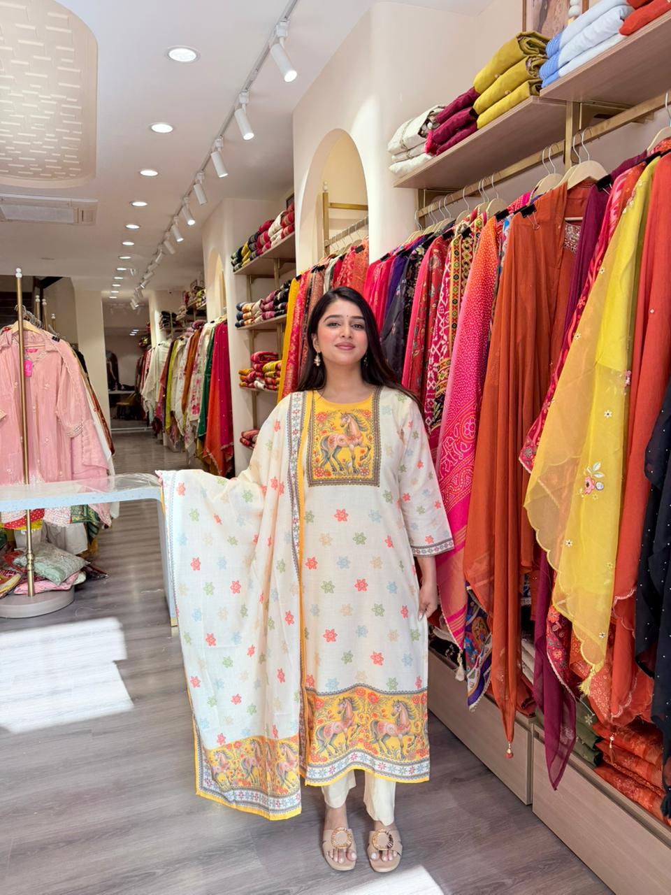 Women Off-White Printed Straight Kurta Set with Dupatta | Ethnic Casual Wear