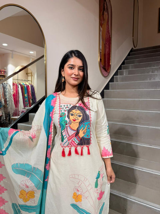 Off-White Artistic Printed Kurta Set with Floral Dupatta for Women