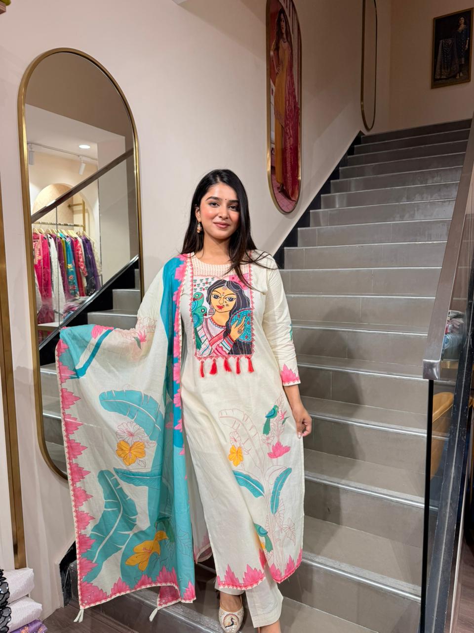 Off-White Artistic Printed Kurta Set with Floral Dupatta for Women