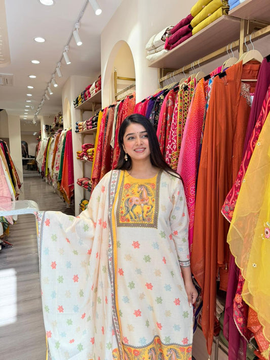 Women Off-White Printed Straight Kurta Set with Dupatta | Ethnic Casual Wear