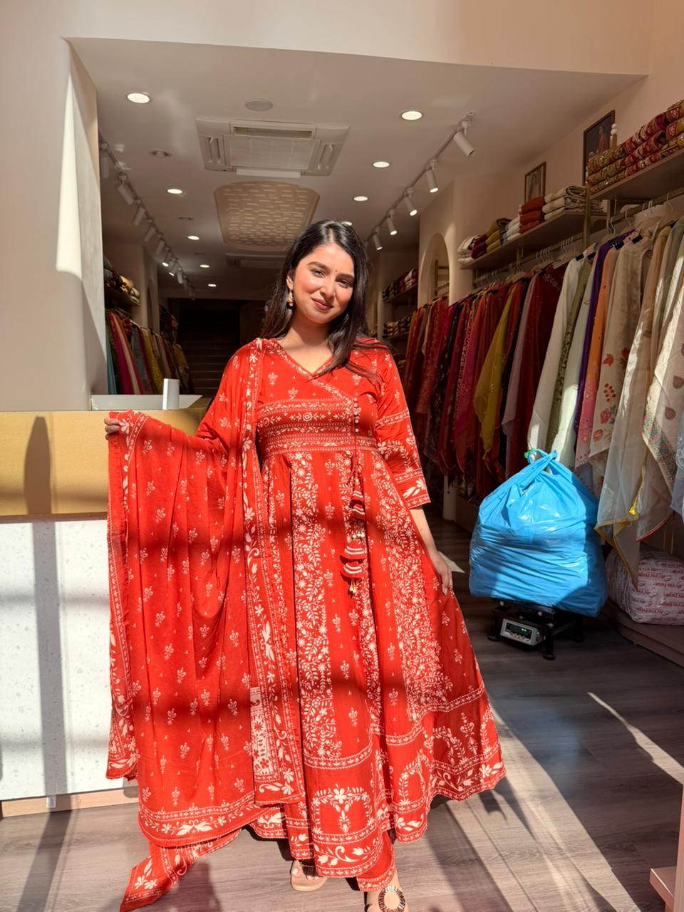 Red Printed Anarkali Kurta Set with Dupatta for Women