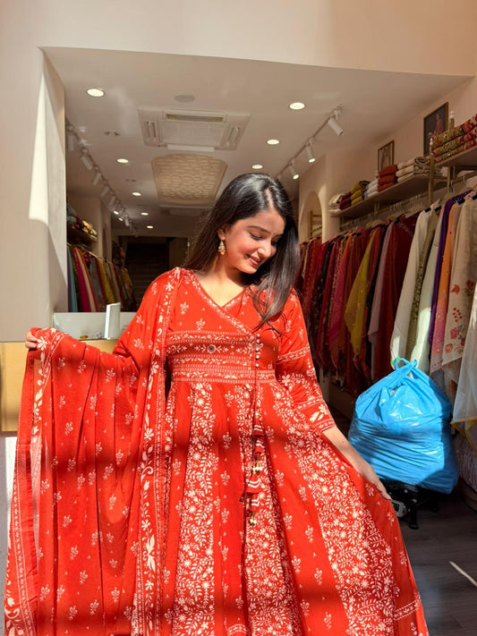 Red Printed Anarkali Kurta Set with Dupatta for Women