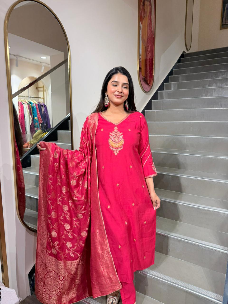 Women Rani Pink Embroidered Kurta Set with Zari Dupatta | Festive Ethnic Wear
