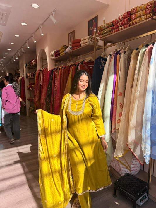 Women Mustard Yellow A-Line Kurta Set with Dupatta | Festive Ethnic Wear
