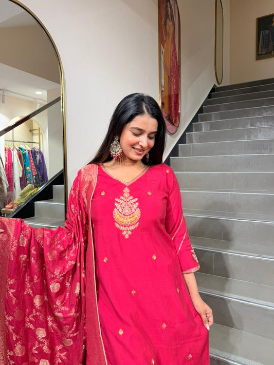 Women Rani Pink Embroidered Kurta Set with Zari Dupatta | Festive Ethnic Wear