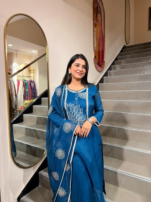 Women Teal Blue Embroidered Straight Kurta Set with Dupatta | Elegant Ethnic Wear