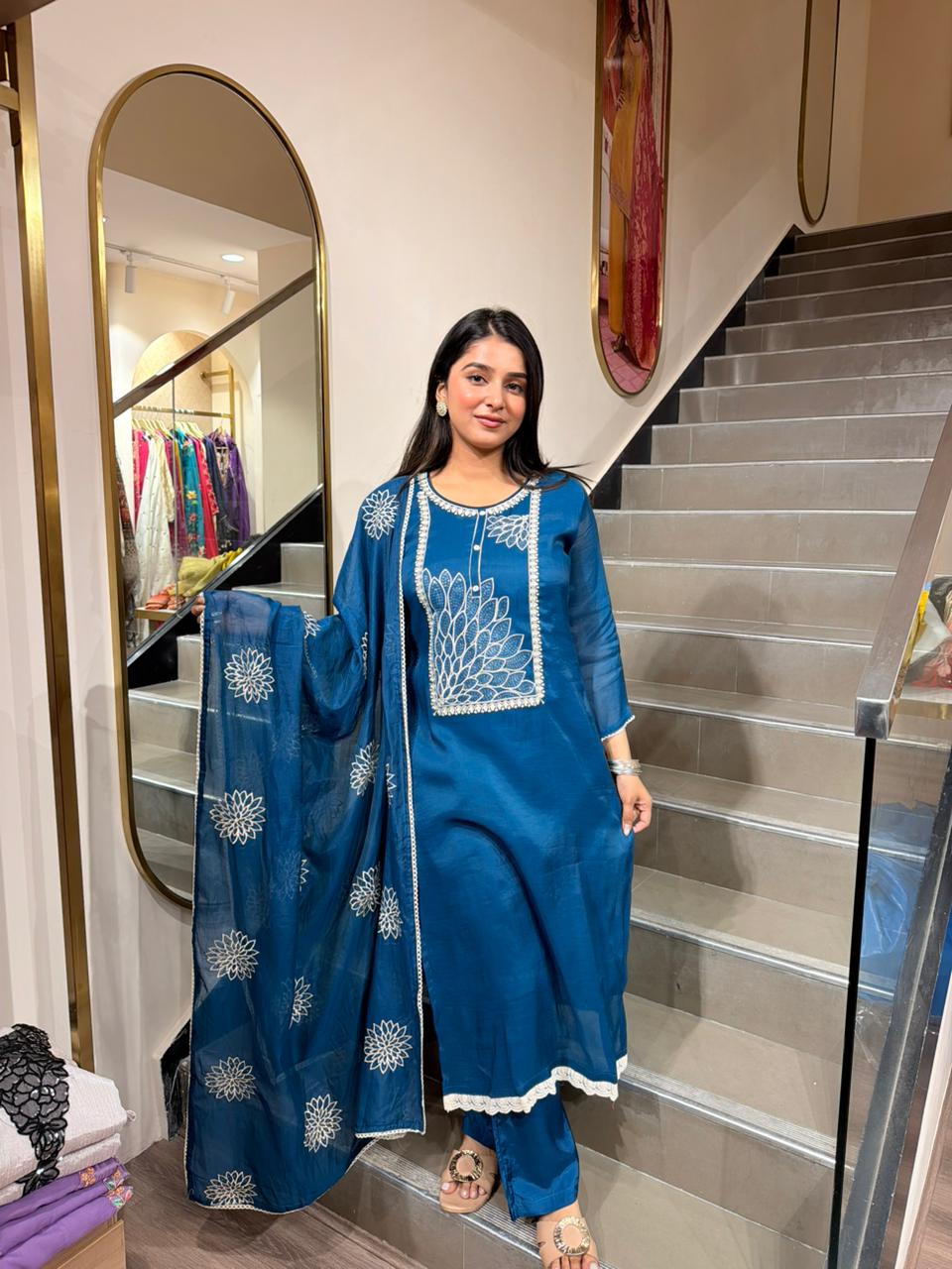 Women Teal Blue Embroidered Straight Kurta Set with Dupatta | Elegant Ethnic Wear