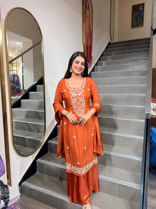 Women Rust Orange Embroidered Kurti with Sharara Set | Festive Ethnic Wear