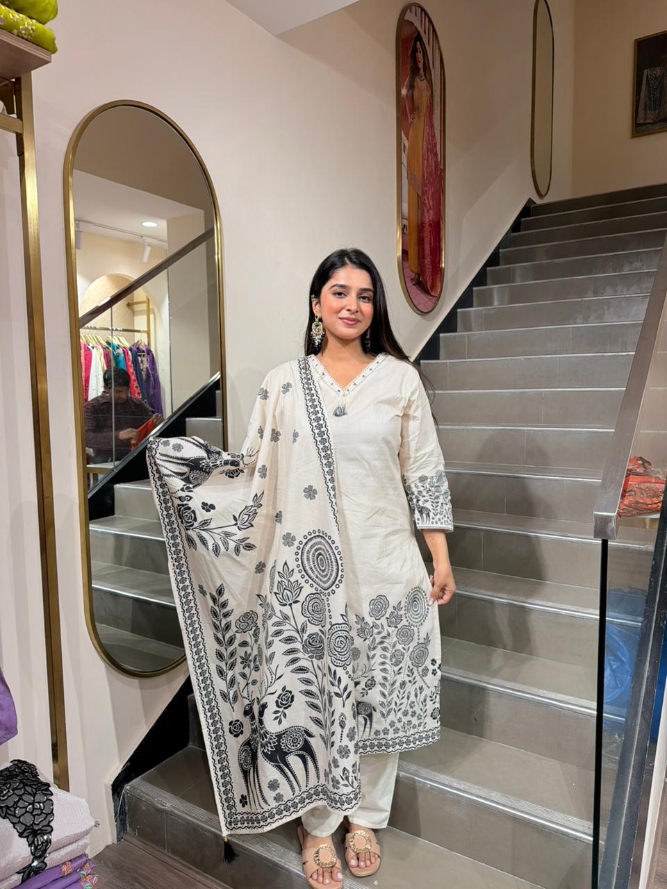 Women Off-White Black Printed Straight Kurta Set with Dupatta | Minimal Ethnic Wear