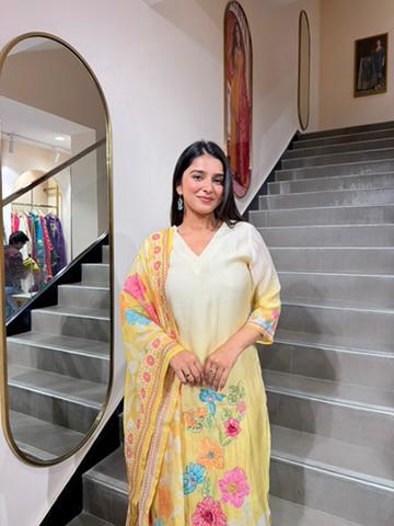 Women Pastel Yellow Floral Printed Kurta Set with Dupatta | Summer Ethnic Wear