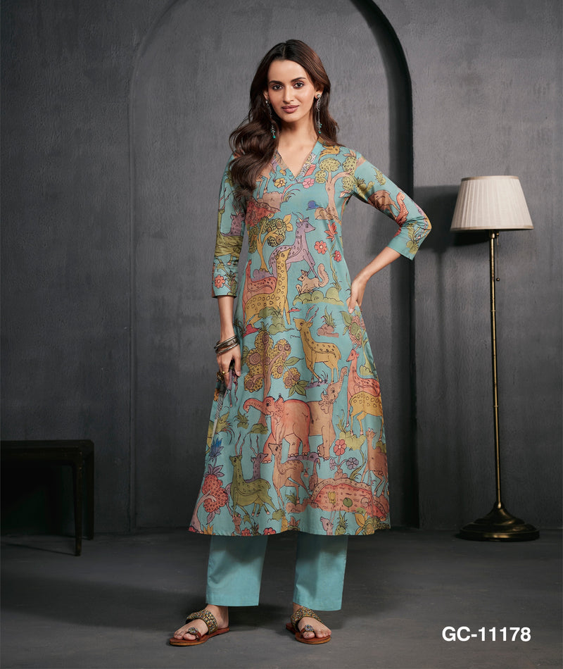 Sky Blue Animal Print Women Kurta Set – Ethnic Nature Inspired Printed Straight Kurta with Pants