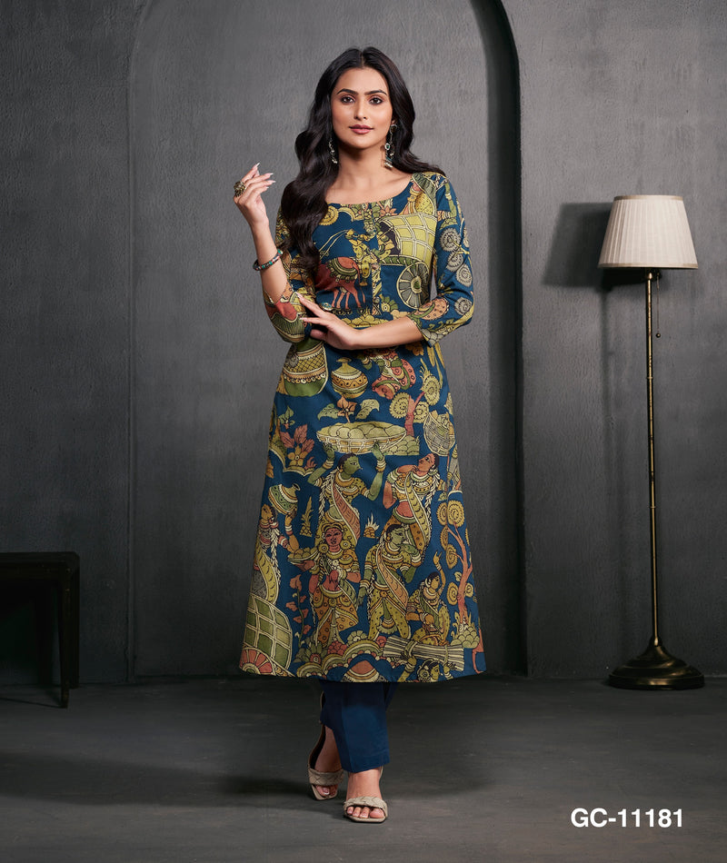 Teal Kalamkari Print Women Kurta Set – Ethnic Folk Art Printed Straight Kurta with Pants
