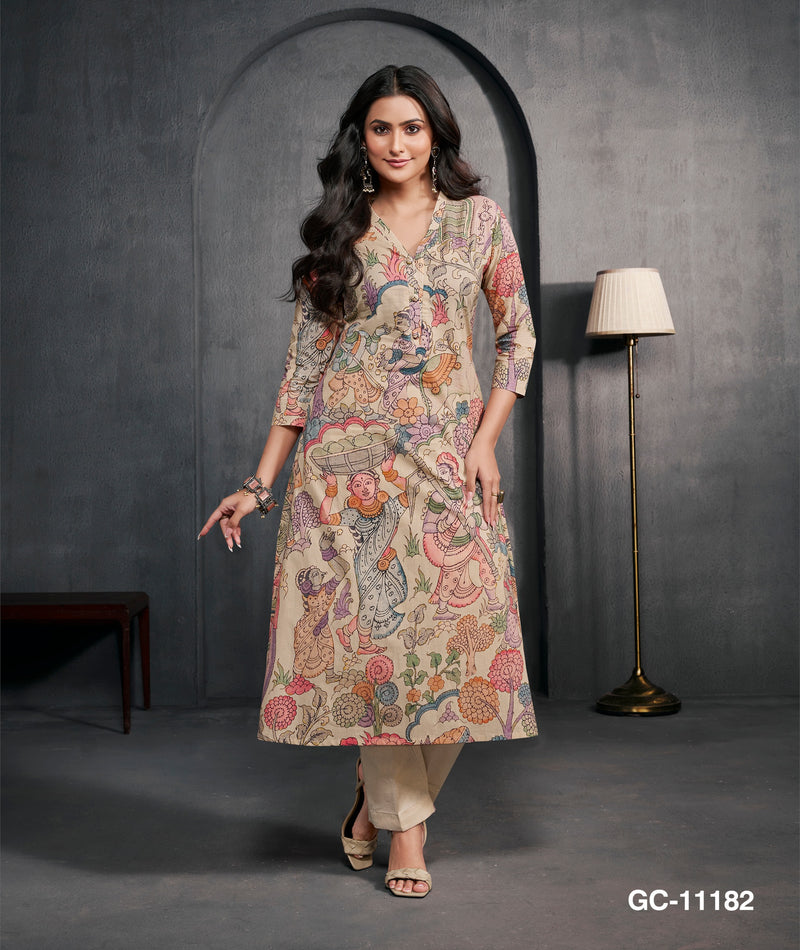 Beige Kalamkari Print Women Kurta Set – Ethnic Folk Art Printed Straight Kurta with Pants
