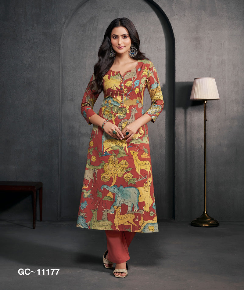 Rust Animal Print Women Kurta Set – Ethnic Printed Straight Kurta with Pants | Stylish Casual & Festive Wear