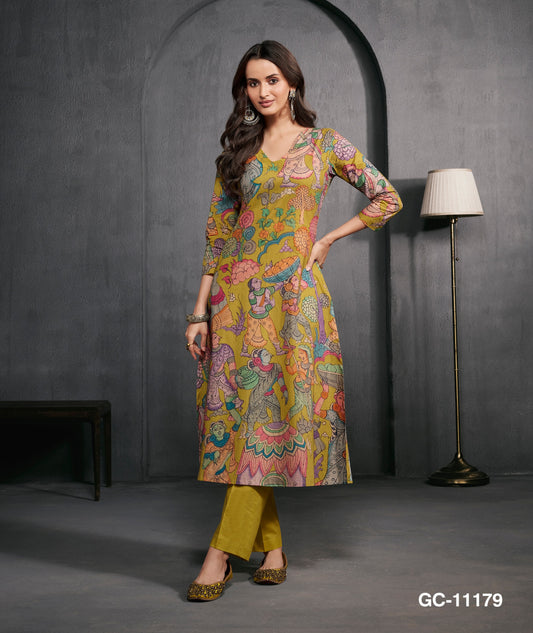 Women Mustard Yellow Artistic Printed Kurta Pant Set | Traditional Folk Art Ethnic Kurta Set
